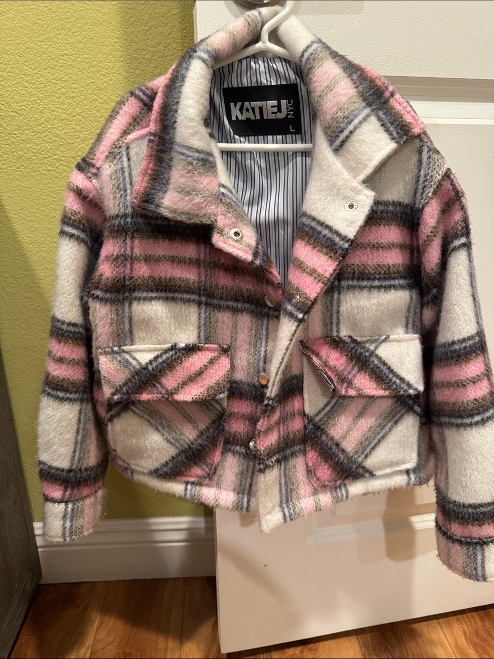 Katie J NYC Cream and Pink Plaid Cropped Kids Jacket